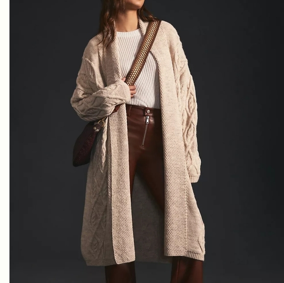 Anthropologie Sweaters - Anthropologie Cable Knitted Open Front Cardigan Size XL Natural Beige Cream Sand